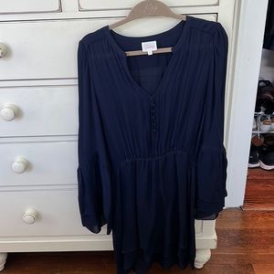 Navy Parker long sleeve dress with waist cinch and buttons